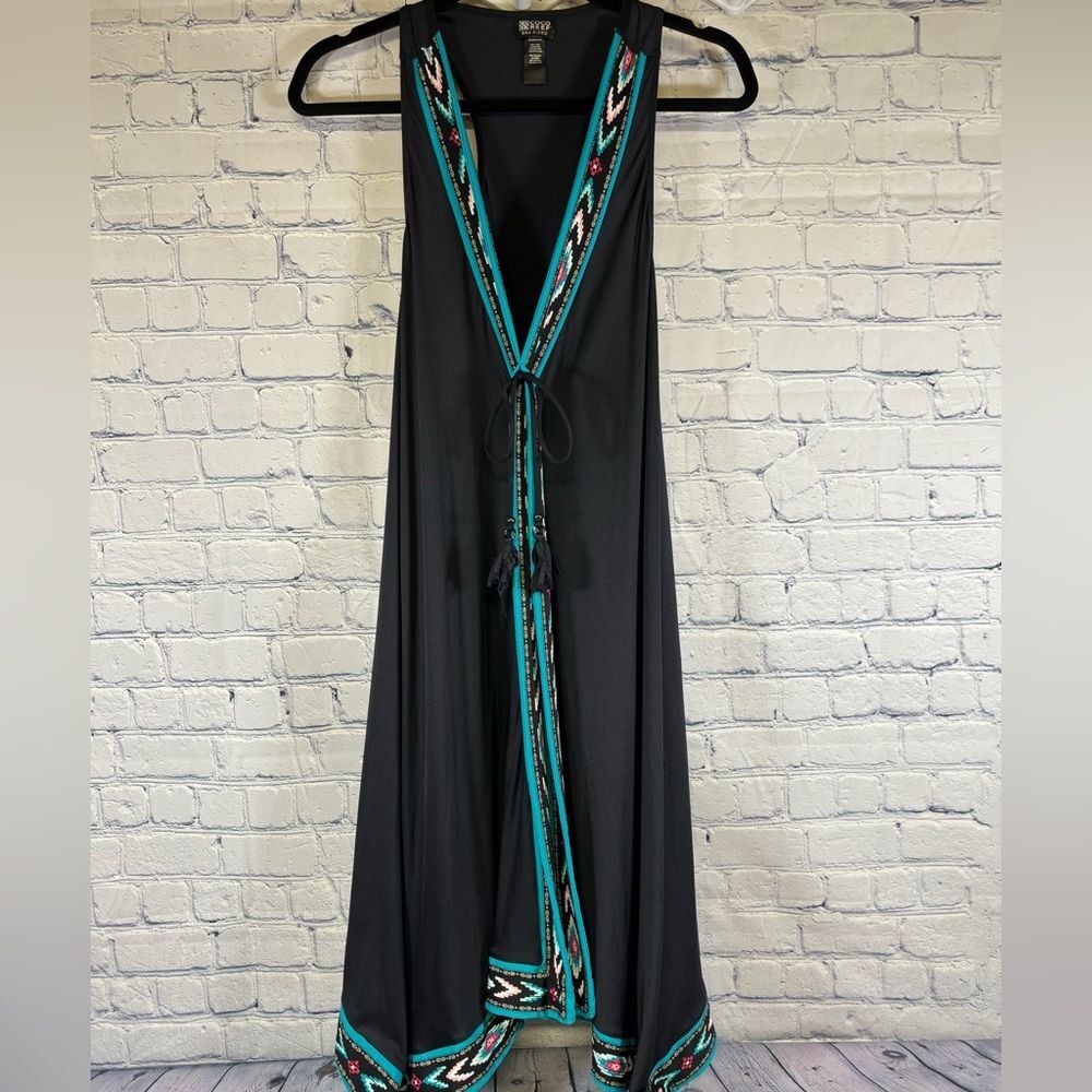 Coco Reef Black Aztec Trim Handkerchief Hem Vacation Party Swim Coverup Dress XL